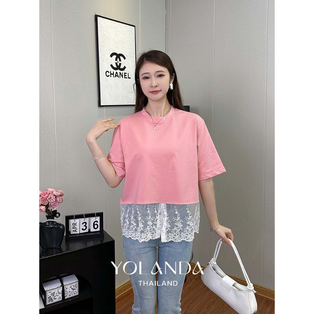 【SAT】Yolanda เสิ้อยืด คอกลม แต่งชายลูกไม้ T-shirt แขนสั้น เสื้อผู้หญิง FF1056 - รูปที่ 2