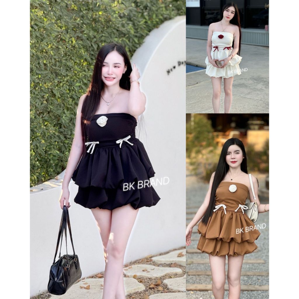 【BK BRAND】 BK 1277 เซ็ตงานเกาะอกบอลลูนแต่งดอกกุหลาบ + น้องโบว์ มาพร้อมกระโปรงบอลลูน สุดน่ารัก