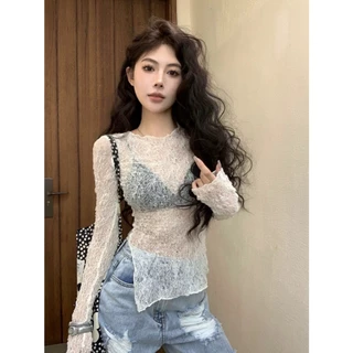 ส่งทันที Cici(NO. J1686) เสื้อยืดลูกไม้แขนยาวคอกลม ผ่าข้าง ทรงเฉียงสลิมฟิตเข้ารูป สไตล์เกาหลี