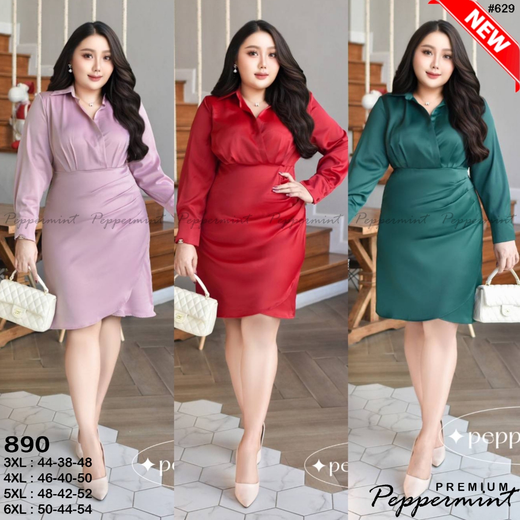 งานพรีเมียม นำเข้า เดรสเชิ้ตสาวอวบ คุณนาย ไฮโซเว่อร์ Sizeอก40-50 Peppermint Plus Size (597 C 629)