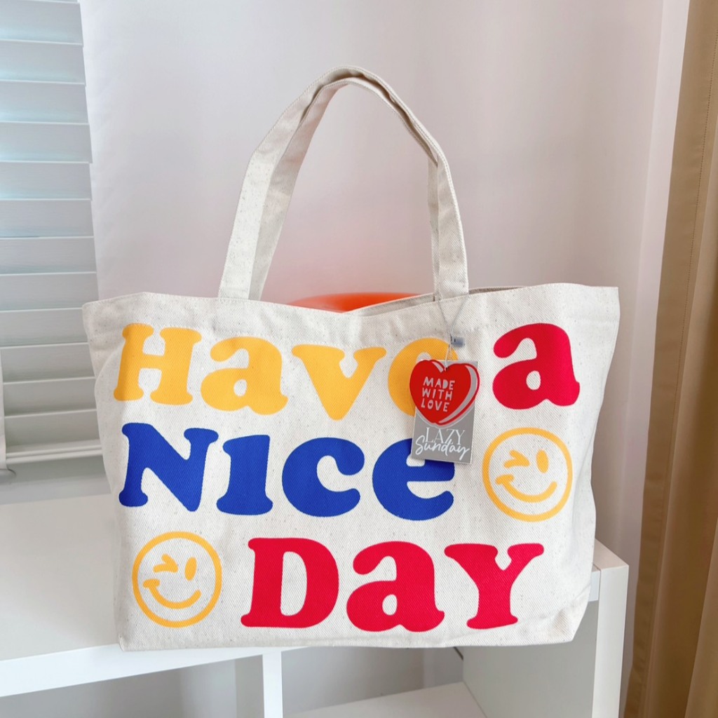 Justbehappy - Tote Bag - กระเป๋าผ้าลายสกรีนฟอนต์น่ารักๆ