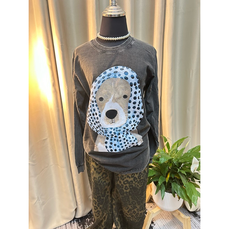 เสื้อแขนยาวฟอกวินเทจ ดำ แดง เขียว รวมลายแฟชั้น หมารวม การ์ตูน เสื้อผ้าแฟชั่นผู้หญิง ผู้ชาย