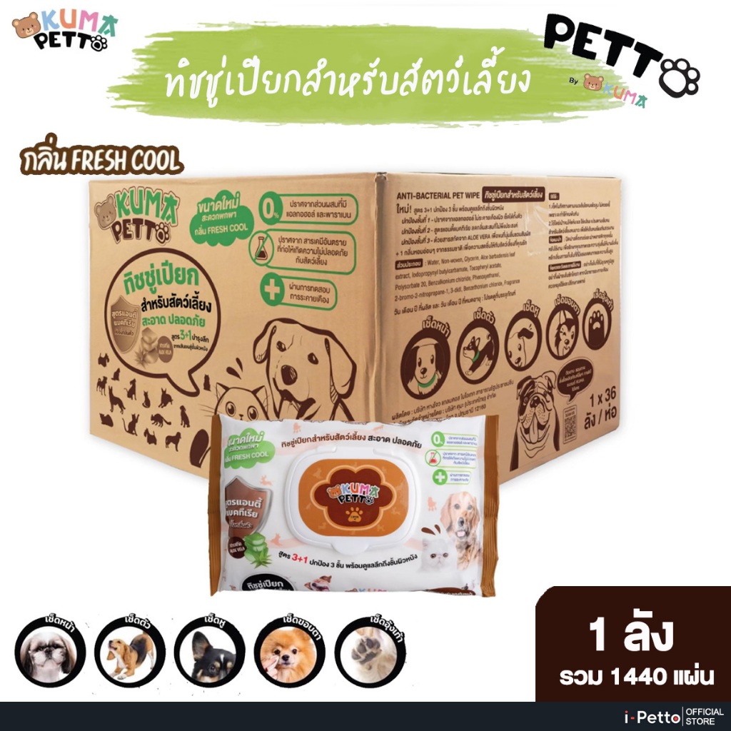 [ยกลัง] ทิชชู่เปียก KUMA​ PETTO ทิชชู่เปียก 36ห่อ สำหรับสัตว์เลี้ยง 40 แผ่น 1ลัง  ทิชชู่หมา ทิชชู่แมว แผ่นเล็กพกพาง่าย