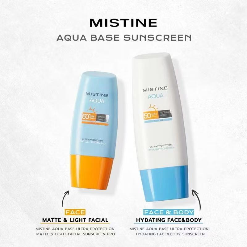 ผลิต2024 Mistine มิสทิน อะควา เบส อัลตร้า โพรเทคชั่น ไฮเดรทติ้ง เฟซบอดี้ ซันสกรีน SPF50 PA++++ 70มล.