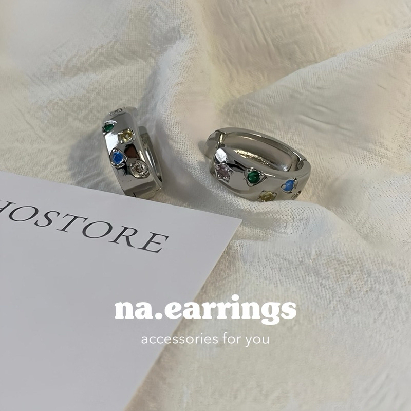 ต่างหูเงินแท้ ผิวแพ้ง่ายใส่ได้ na.earrings ต่างหูแบบห่วง ลายเพทายหลากสี ราคาต่อคู่