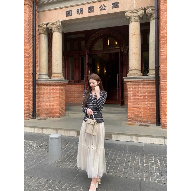 kloset A - Set เสื้อคลุมทวิต+กระโปรงผ้ามุ้ง