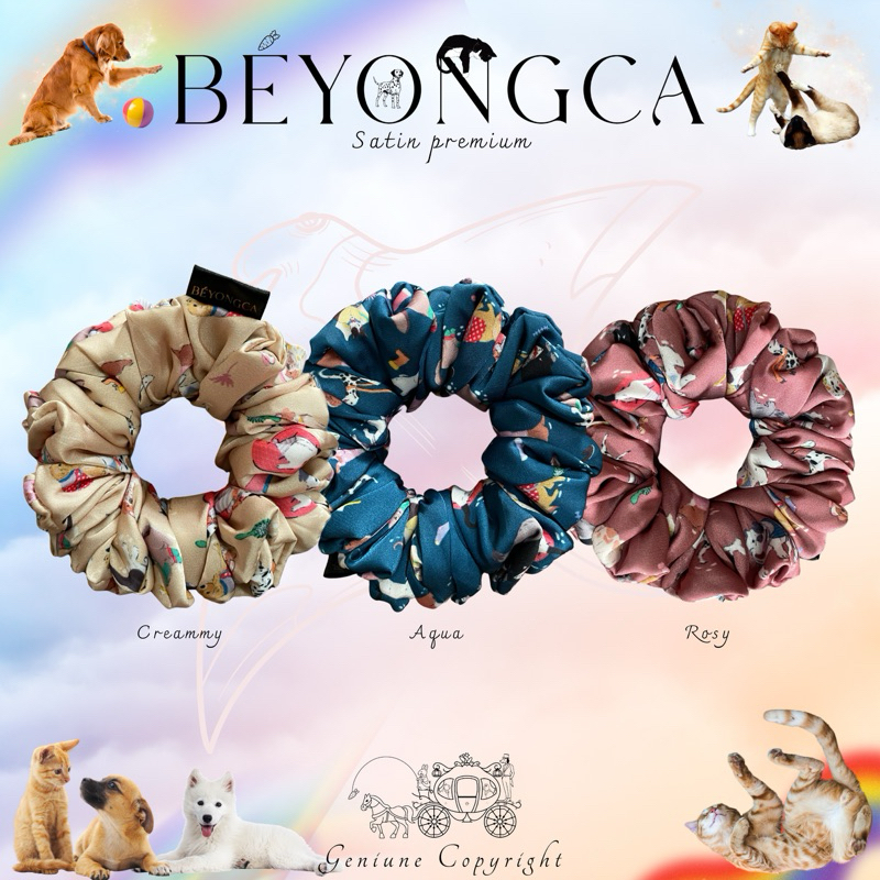 Beyongca รุ่น Cat & Dog Series satin premium ลิขสิทธิ์แท้ scrunchie Elastic band ผ้าซาตินพรีเมี่ยม ยางรัดผมโดนัท ลายหมา