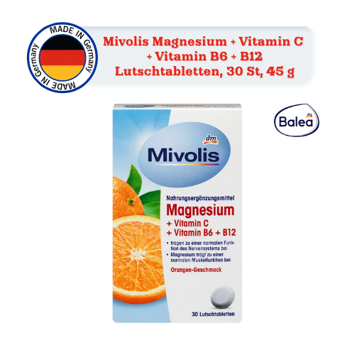 วิตามินแบบเคี้ยว รสส้ม Mivolis Magnesium+VitaminC+Vitamin B6+B12 Lutschtabletten, 30 เม็ด, 45 กรัม
