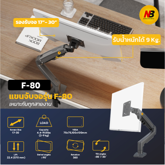 NB ERGONONIC แขนจับจอ(สำหรับ 1 จอ) (9Kg./17"-30")  F-80