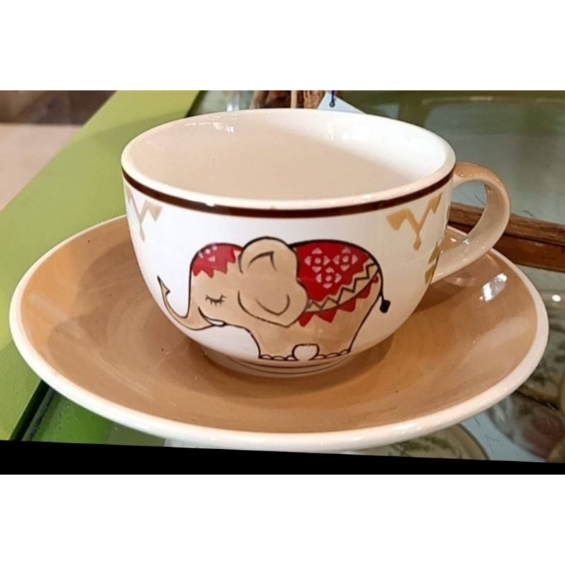 ชุดเซตถ้วย,จาน,แก้วกาแฟเซรามิค (ลายช้างไทย)#สินค้าใช้เวลาจัดส่ง 3 วัน#