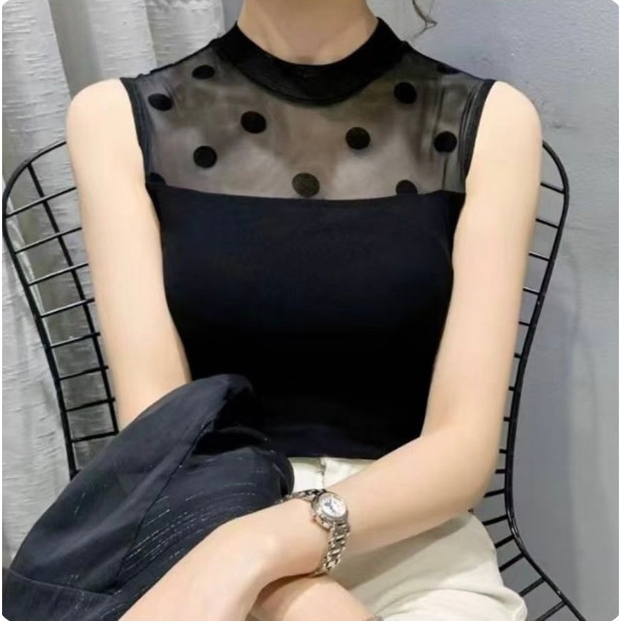 (ใหม่/พร้อมส่ง#Y1A63) เสื้อแขนกุดตาข่ายผู้หญิงลายเซ็กซี่น่ารัก กึ่งคอลูกไม้ สไตร์สาวสวย