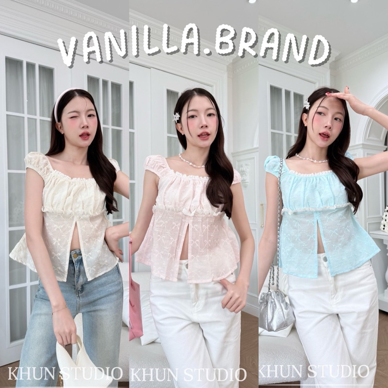 เสื้อแขนตุ๊กตา แต่งโบว์ผูกใต้อก ใส่เป็นปาดไหล่ได้ -kn / VB0054