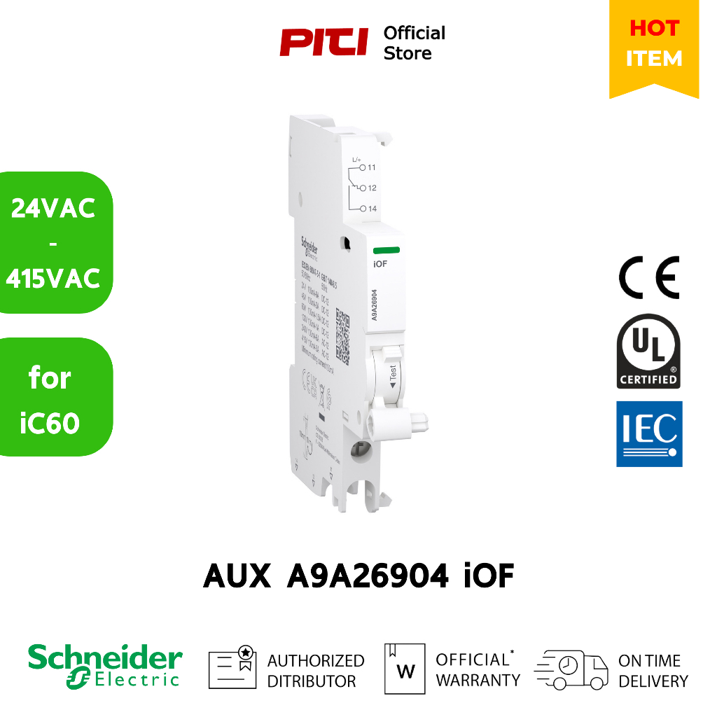 Schneider AUX A9A26904 24V - 415V AC 1 C/O 100mA 6A Acti9 iOF Open/Close Auxiliary contact