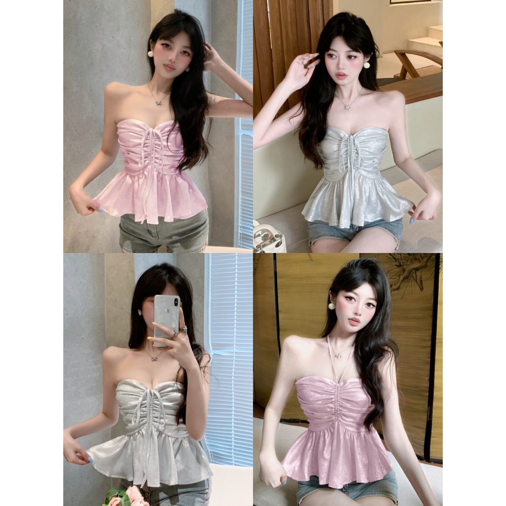 🌜Miqi🌛เกาะอก เปิดไหล่ แต่งสายคล้องคอเพิ่มมินิมอลมินิใจ⭐สีโฮโลแกรม เสื้อครอป เกาหลี น่ารัก ไปผับ🌟#FY2718