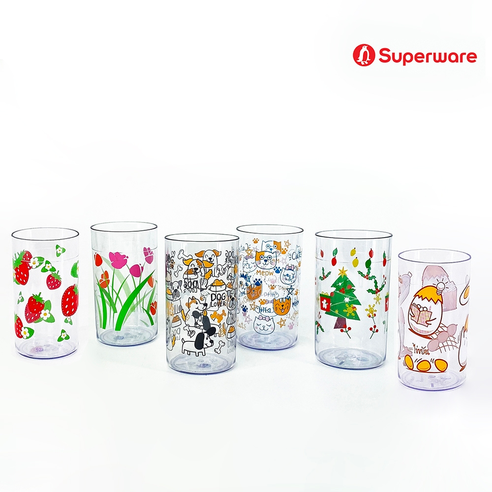 Srithai Superware แก้วน้ำพลาสติก ถ้วยน้ำ แก้วเบียร์ แก้วกาแฟ แก้วน้ำสีใส ลายแมว น้องหมา ดอกไม้ ปริมาตร 250 ml./ 10 oz.
