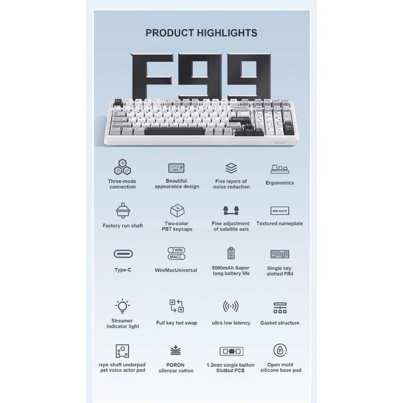 AULA F99  GASKET TRI-MODE  MECHANICAL KEYBOARD | Gray Wood V3 | รับประกัน 2 ปี