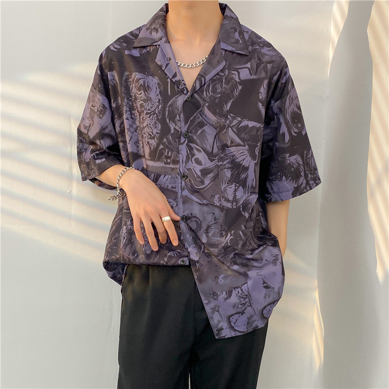 aililai1688 เสื้อฮาวาย ลายอนิเมะชั่น สีม่วงที่ครองใจใครหลายๆคน เรียบๆแต่มีสไตส์ใส่ได้ทุกลุคแบคลุมโทน