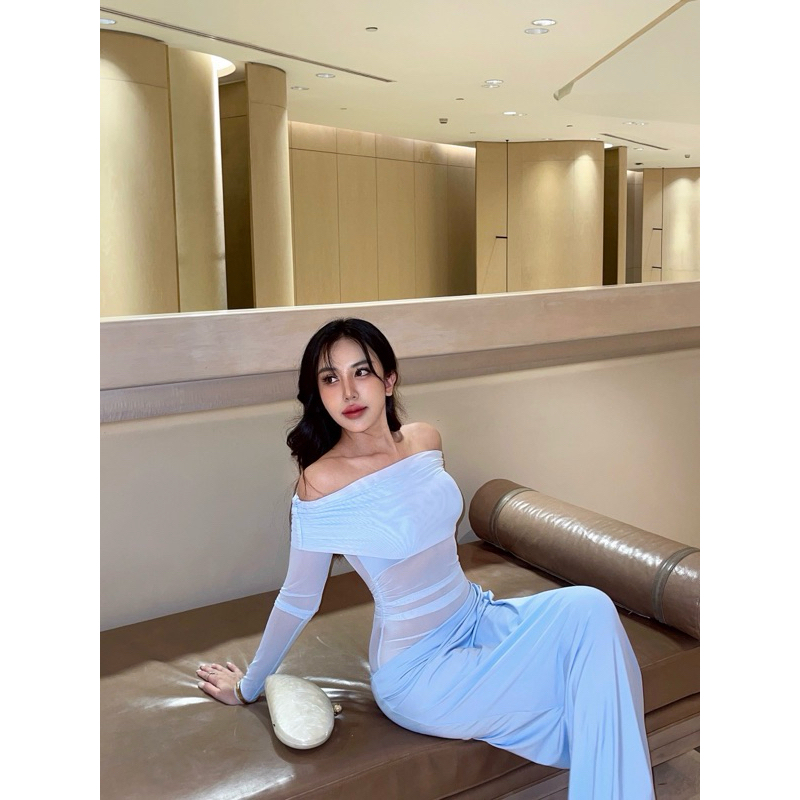 Jasmin dress เดรสปาดไหล่ งานเย็บติดกัน ด้านบนผ้าตาข่าย
