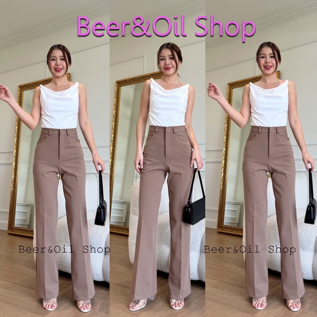 B007  Beer&Oil กางเกงขายาวเอวสูงขาม้า ผ้าโรเชฟ งานตะขอ ซิปหน้า แต่งหูเข็มขัด กระเป๋าค้วานด้านหน้า