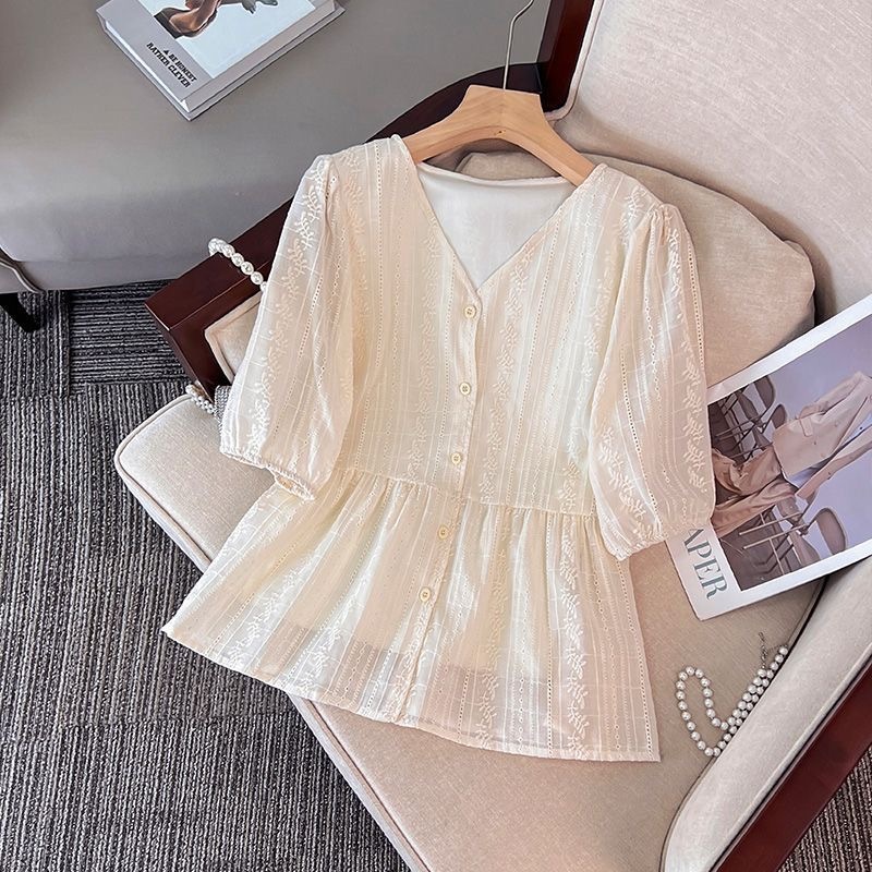 🧡LINNA🧡คอกลม สีทึบ แขนสั้น เสื้อเชิ้ต สไตล์ใหม่ เวอร์ชั่นเกาหลี