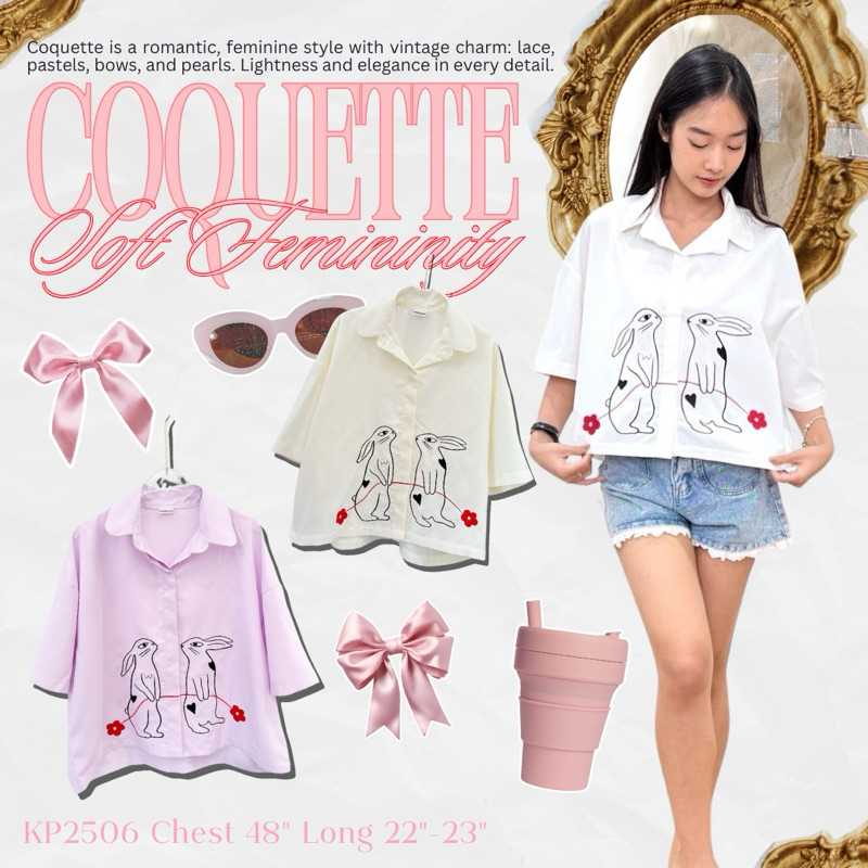 เสื้อเชิ้ตแขนสั้น over size มินิมอล อก48ปักกระต่ายคู่รักถือดอกไม้ น่ารักสุดๆ-2506