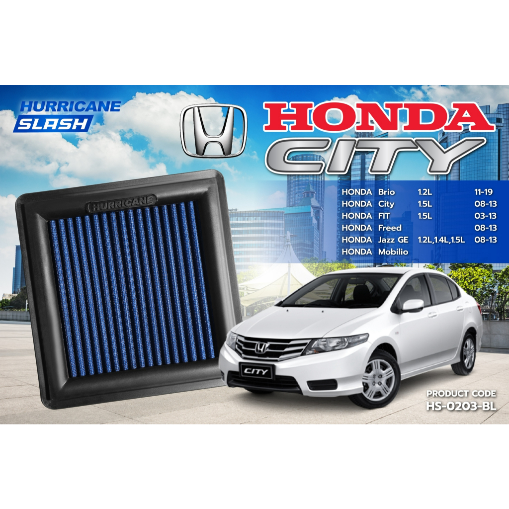 HURRICANE SLASH กรองอากาศผ้าน้ำเงินรุ่นใหม่ล่าสุด Honda ( Jazz ,  City ) HS-0203-BL
