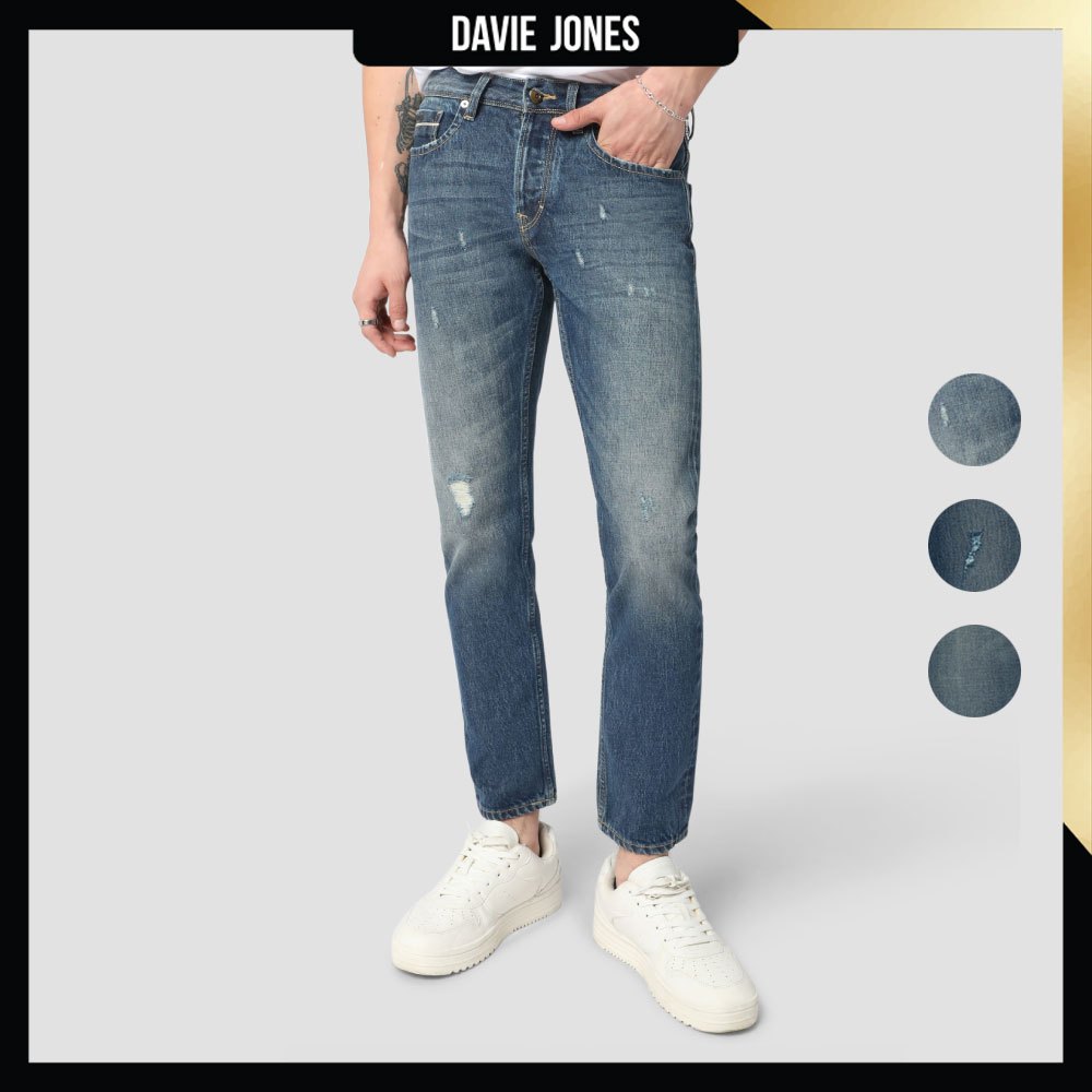DAVIE JONES กางเกงยีนส์ ริมแดง Selvedge Slim Fit Jeans SO0002 สีฟ้า น้ำเงิน