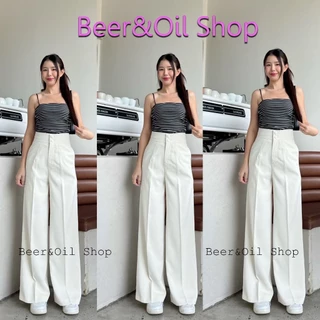 B001 Beer&Oil กางเกงขายาวเอวสูงงานดุมปั๊ม2เม็ดลิลลี่ ผ้าลิลลี่งานซิปหน้า มีกระเป๋า