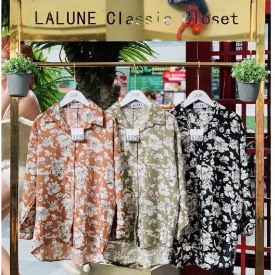 เสื้อเชิ้ต คอปก แขนยาว ผ้าไหมญี่ปุ่นพิมพ์ลายเนื้อดี บางเบาใส่สบายไม่ร้อน, lalune