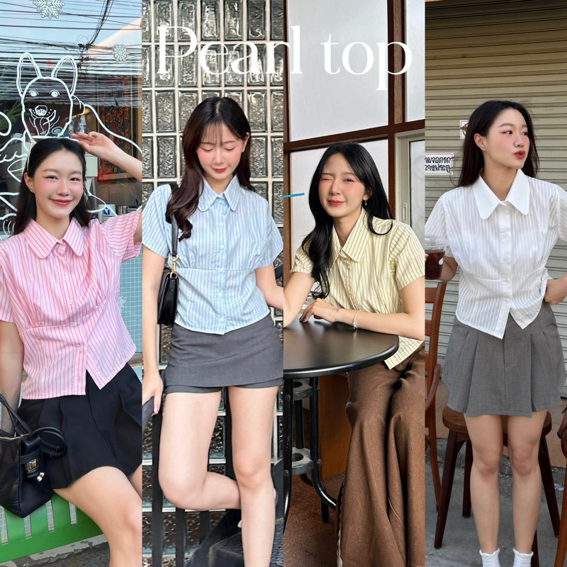 AGLEAMIN3011 | Pearl top 01 เสื้อเชิ้ตคอปกแขนสั้นผ้าลายทาง