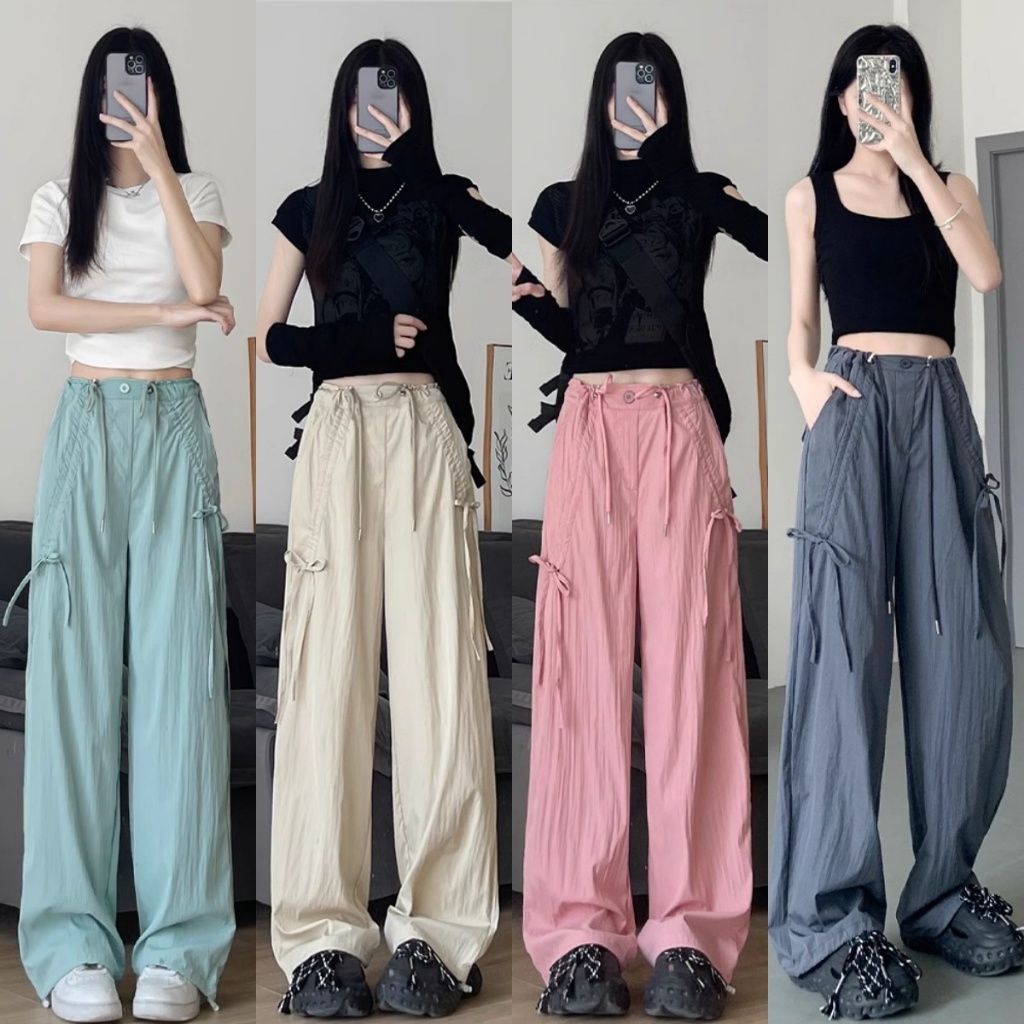 กางเกงคาร์โก้สไตล์อเมริกัน กางเกงลำลองผู้หญิง กางเกงเอวสูง ผูกโบว์ ทรงหลวม