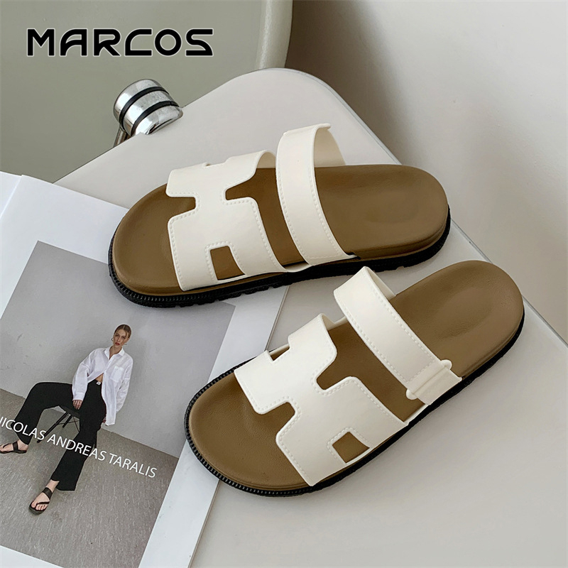 MARCOS รองเท้าแตะผู้หญิง สไตล์คลาสสิก พื้นหนา ใส่สบาย รองเท้าแฟชั่นผู้หญิง ดีไซน์H-ตัว ไม่ถูเท้า รอง เ ทา แตะผู้หญิง