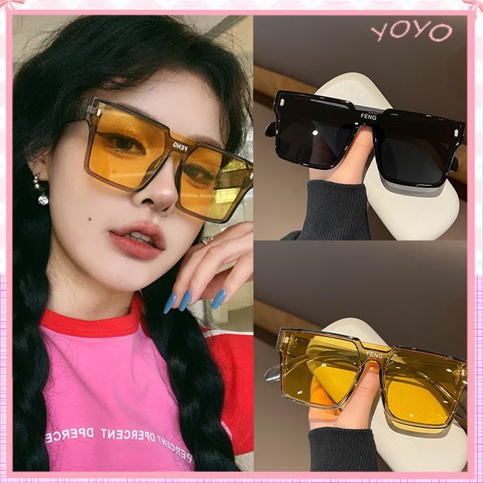 แว่นกันแดดกระบังหน้าสีเหลืองใส ins เวอร์ชั่นเกาหลีสำหรับผู้หญิงแว่นกันแดดทรงสี่เหลี่ยมระดับไฮเอนด์สำหรับแว่นตากรอบใหญ่หน