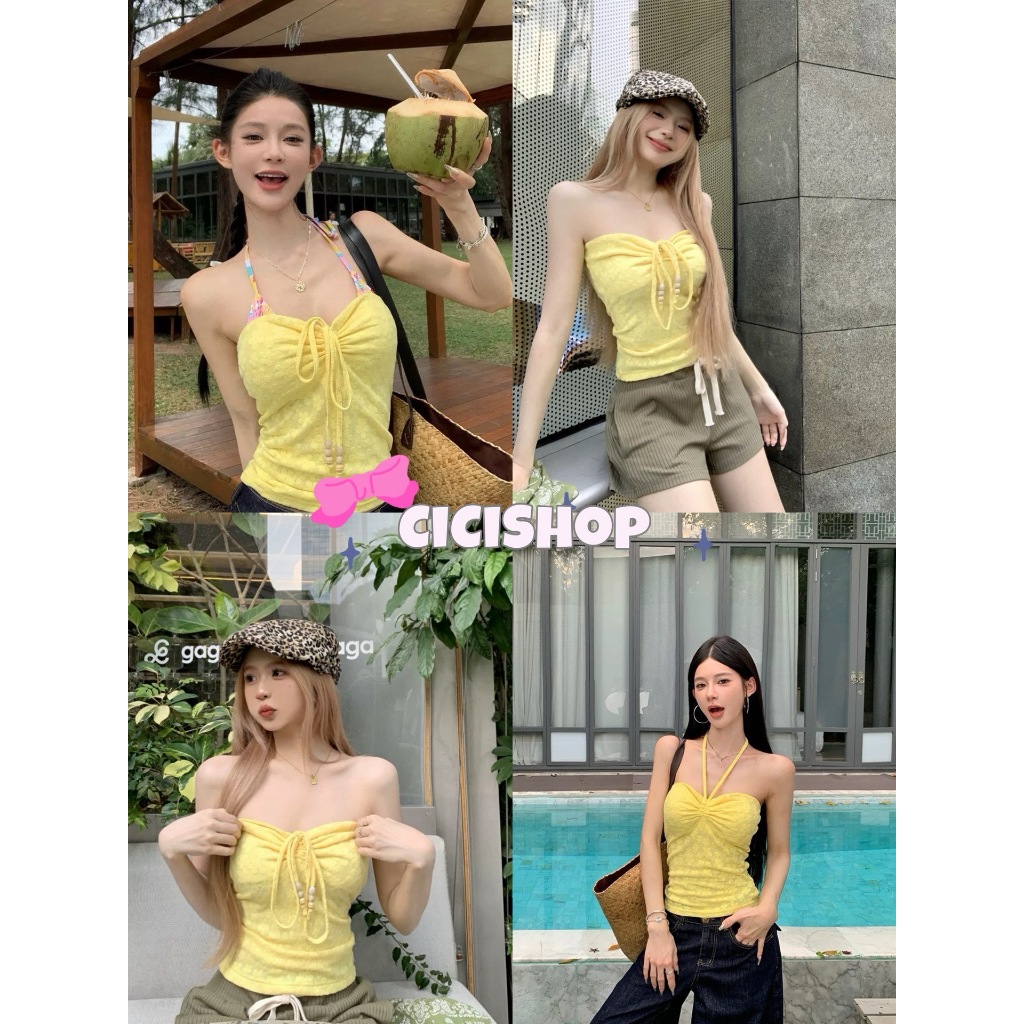 Cicishop(H8822) เสื้อเกาะอกปักลายดอกไม้ มีซับในตรงอก สไตล์สาวซัมเมอร์