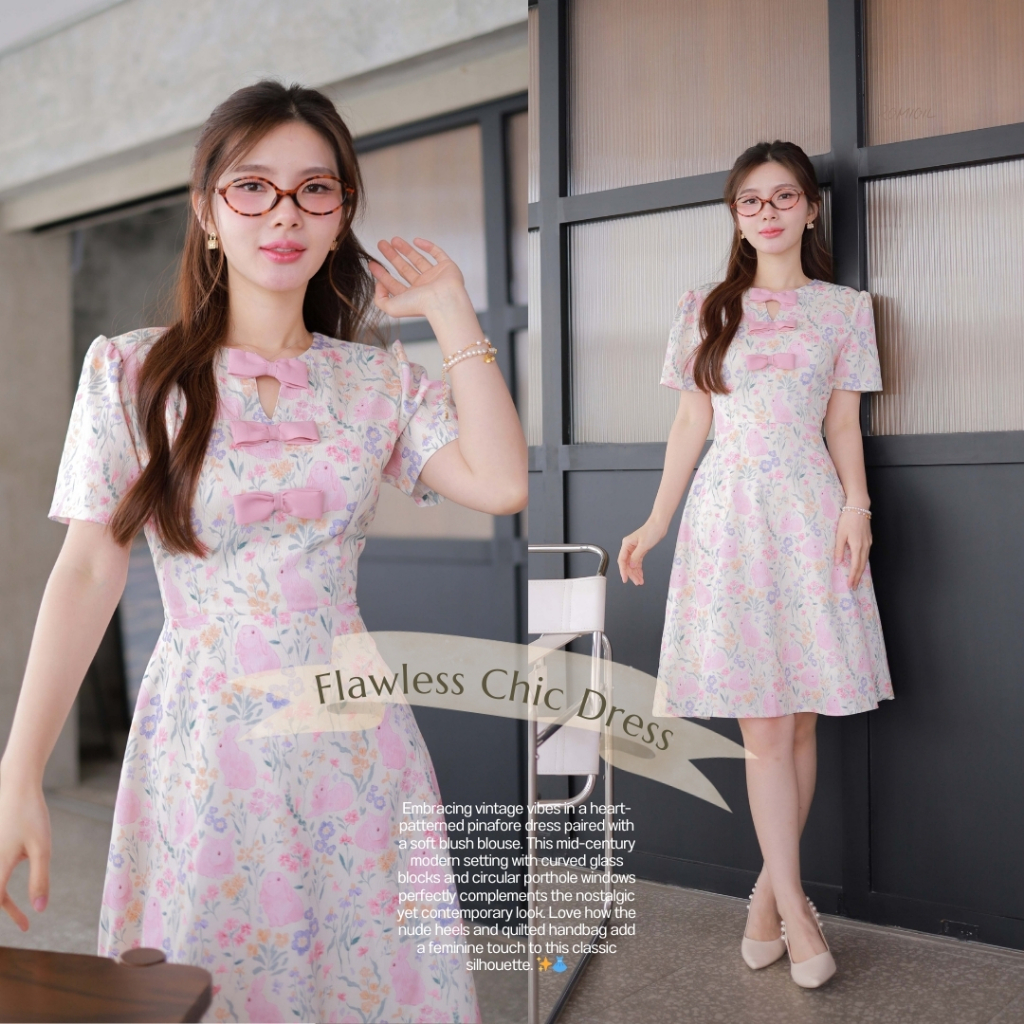 Romi"Oil" Flawless Chic Dress (Pink) K140 ชุดเดรสกระต่ายสีชมพู (แต่งโบว์หน้าสีชมพู)(ไม่มีป้ายแบรนด์ Romi"Oil")