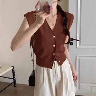 MQzz4289 *พร้อมส่ง* เสื้อกั๊ก แขนกุดคอวี กระดุมหน้า สำหรับผู้หญิง Freesize