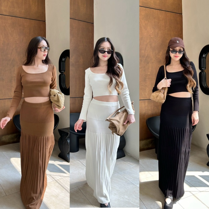 tshopofficial เซตไหมพรมครอปแขนยาว กระโปรงยาว