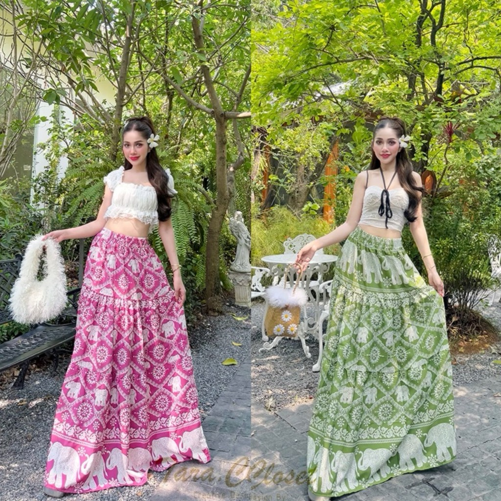 COM514 TARA SKIRT กระโปรงช้างยาว ลายธารา เอวสูง ทรงบอลลูน สม็อครอบเอว ผ้าไหมอิตาลี ผ้าดี ใส่สบาย ลายไม่กลับหัว