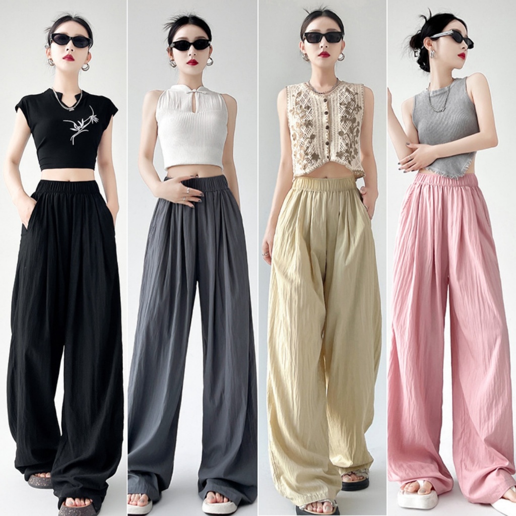 💗กางเกงขากว้างผู้หญิง กางเกงลำลอง กางเกงเอวสูง ผ้าใส่สบาย ผ้าฝ้ายและลินินเท่ๆ มี 6 สี
