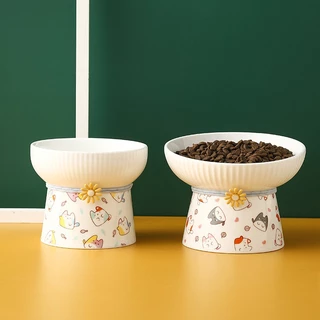 Pet Cat Bowl ชามเซรามิคปากชามน้ำดื่มป้องกันคอคว่ำชามเท้าสูงอุปกรณ์แมว