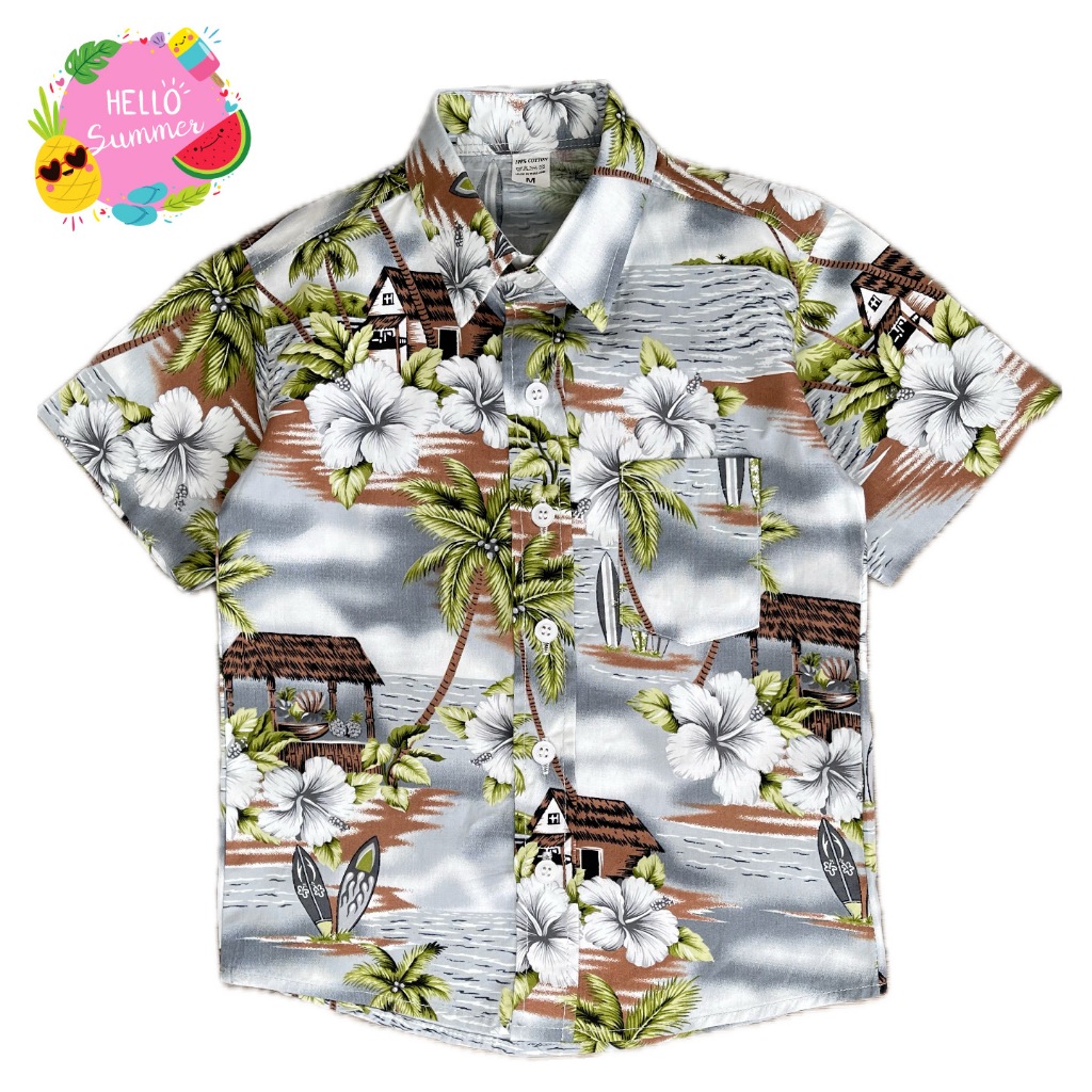 เสื้อเชิ้ตเด็กคอปก-ลายดอกชบาพื้นเทา