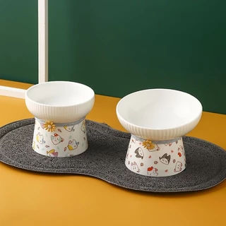 Pet Cat Bowl ชามเซรามิคปากชามน้ำดื่มป้องกันคอคว่ำชามเท้าสูงอุปกรณ์แมว