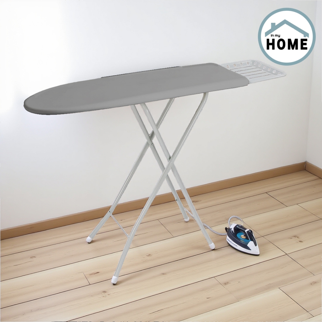 รุ่นพิเศษ โต๊ะรีดผ้ายืนรีดสีเทา+ตะแกรงถาด+ลวดแขวนข้าง ปรับสูง-ต่ำ 6 ระดับ