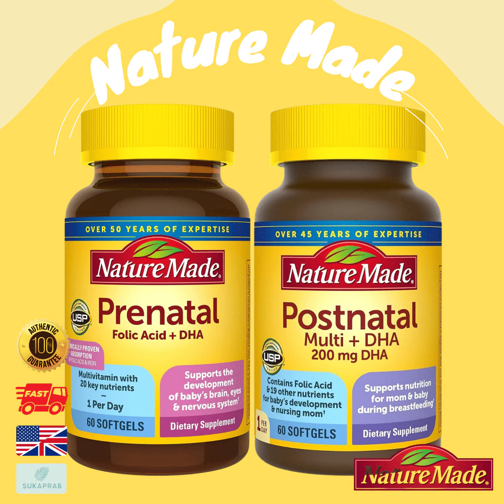 พร้อมส่ง Nature Made Prenatal with Folic Acid + DHA Prenatal Vitamin and Mineral 60 Softgels
