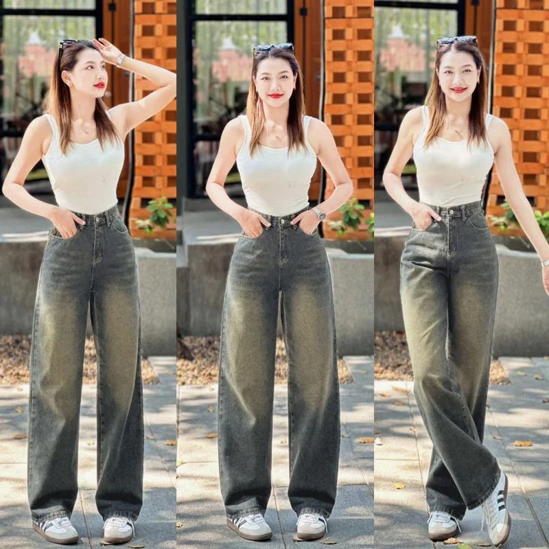 919JEANS กางเกงยีนส์ผู้หญิง เอวสูง สีฟ้าซีดจาง