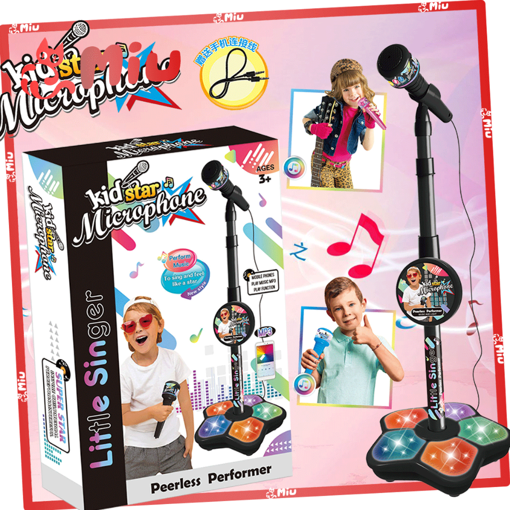 ไมโครโฟน ร้องเพลงเด็ก มีขาตั้ง คาราโอเกะ มีเสียงมีไฟ