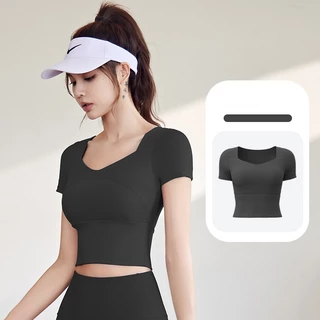 mvp sport เสื้อโยคะ เสื้อแขนสั้น แผ่นรองหน้าอกแบบติดแน่นในตัว [กทม. พร้อมส่ง]