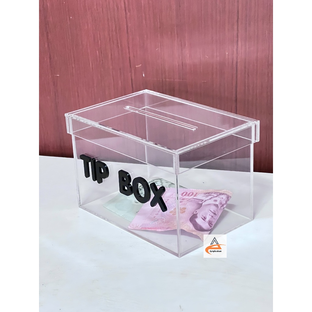 กล่องอะคริลิค Tip Box แบบฝาครอบ ขนาดกล่อง กว้าง 15 x สูง10 x ลึก10 cm พร้อมข้อความไดคัตด้านหน้า - รูปที่ 4