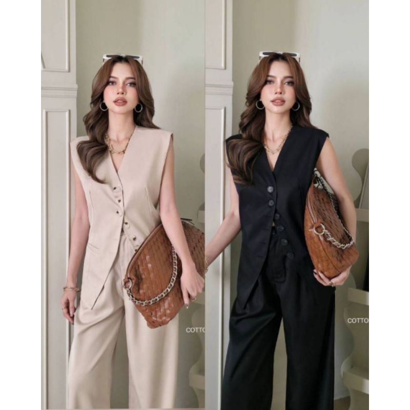 #COTTON CANDY 🍭 เซตเเขนกุดกระดุมเรียง ขายาวเอวสูง New  Venty vintage korea set