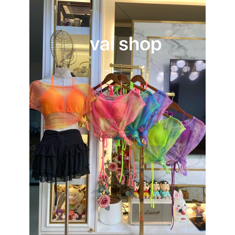 งาน 2 ชิ้น เสื้อคลุมแขนสั้น ผ้าตาข่ายมัดย้อม + สายเดี่ยว คล้องคอ งานต้อนรับสงกรานต์ LB 18